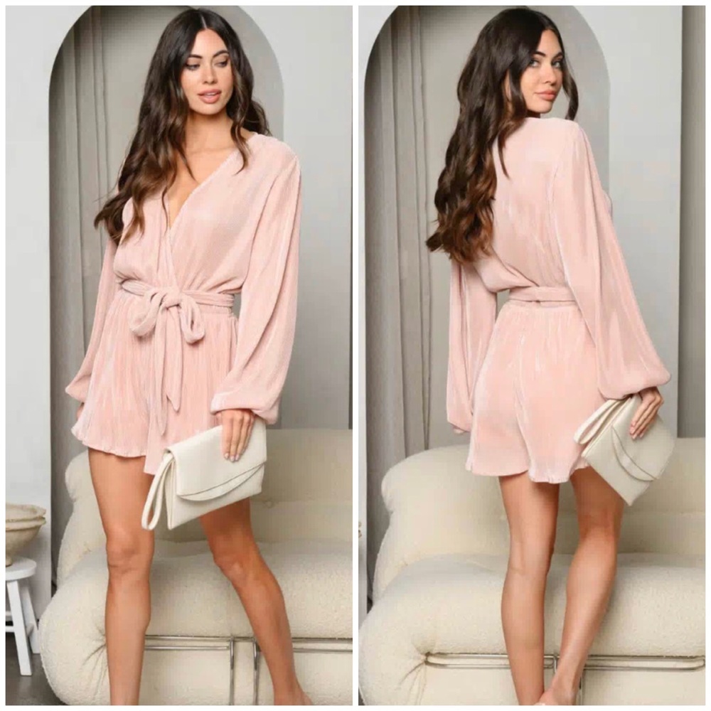LONG SLEEVE V-NECK PLEATED WAIST TIE ROMPER